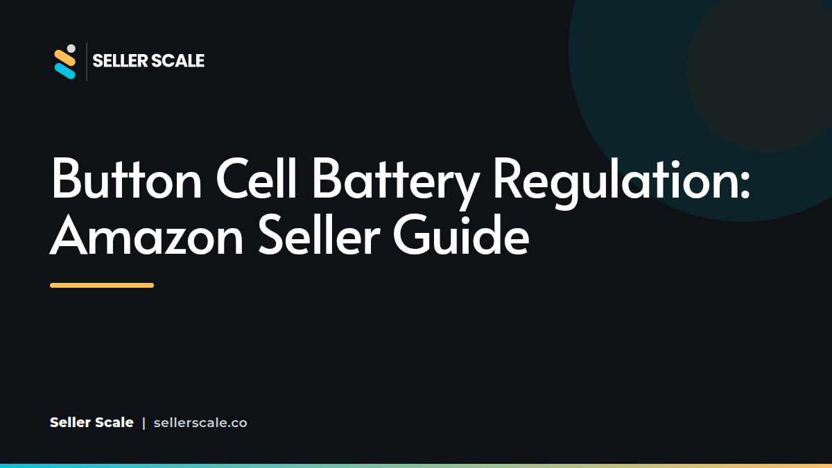 A warning label on product packaging alongside small button cell lithium batteries, highlighting Amazon compliance standards.